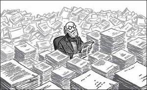 A person is seated at a desk surrounded by towering piles of papers, reading a document. The background also shows stacks of papers filling the room, illustrating the meticulous work handled expertly by Georgia Probate Law Group - Your Professional Probate Attorney.