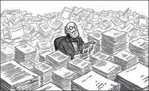 A person is seated at a desk surrounded by towering piles of papers, reading a document. The background also shows stacks of papers filling the room, illustrating the meticulous work handled expertly by Georgia Probate Law Group - Your Professional Probate Attorney.